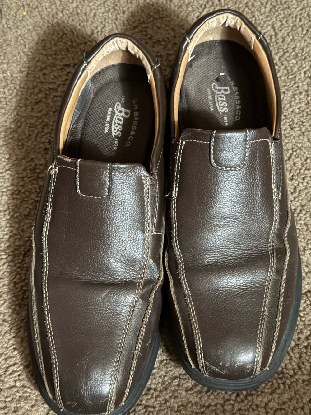 Bass Men's Dark Brown Slip-On Leather Loafers with Contrast Stitching